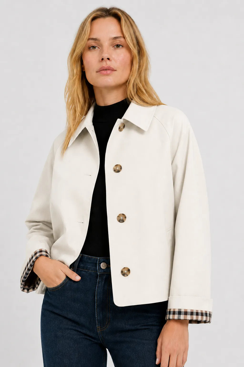 Women's Lightweight Loose Fit Jacket with Gingham Lining