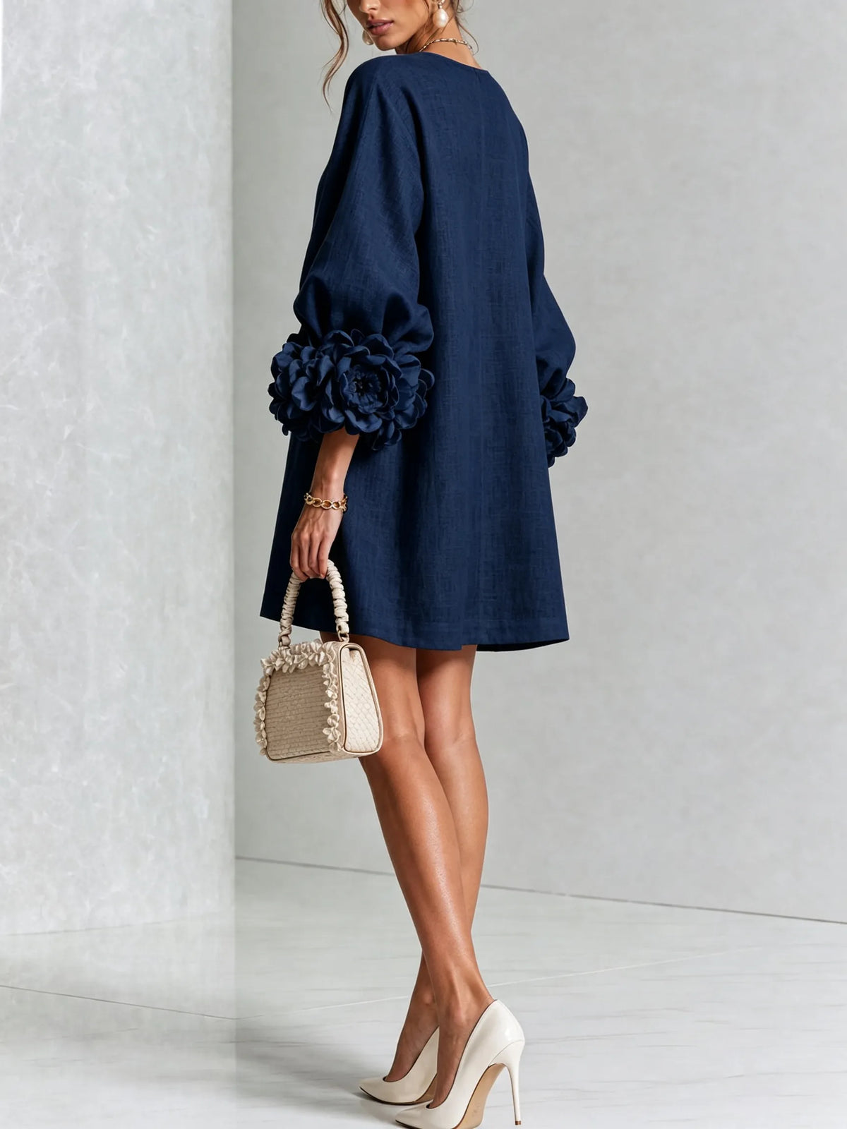 Women's Linen Blend Puff Long Sleeve Mini Tunika Dress