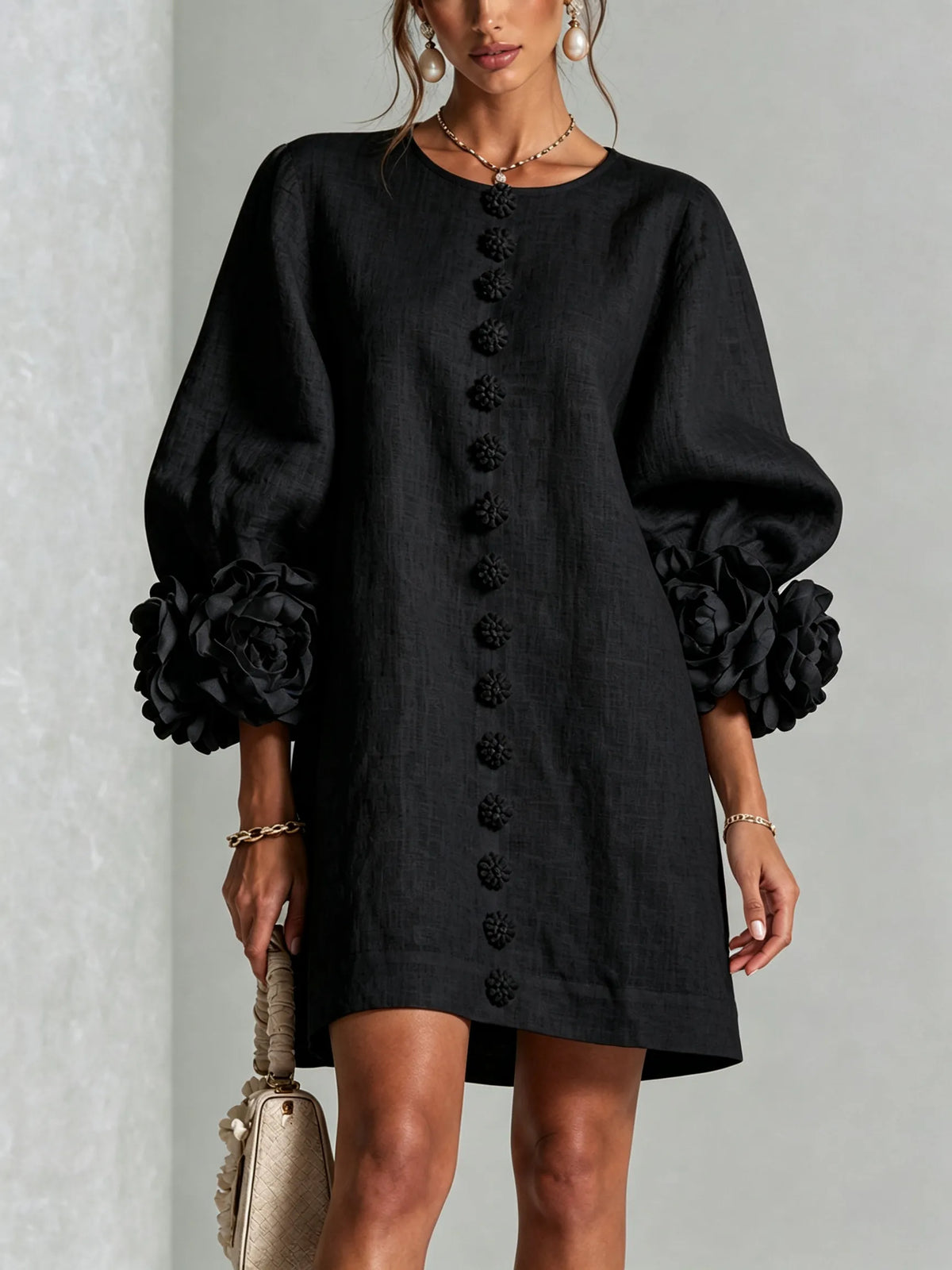 Women's Linen Blend Puff Long Sleeve Mini Tunika Dress