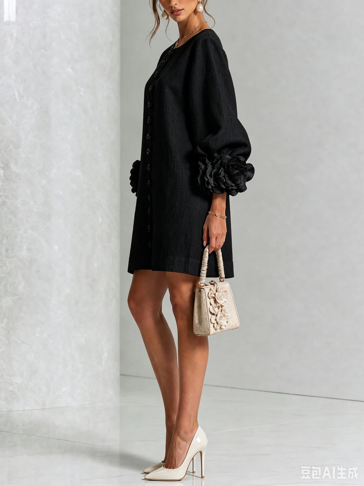 Women's Linen Blend Puff Long Sleeve Mini Tunika Dress
