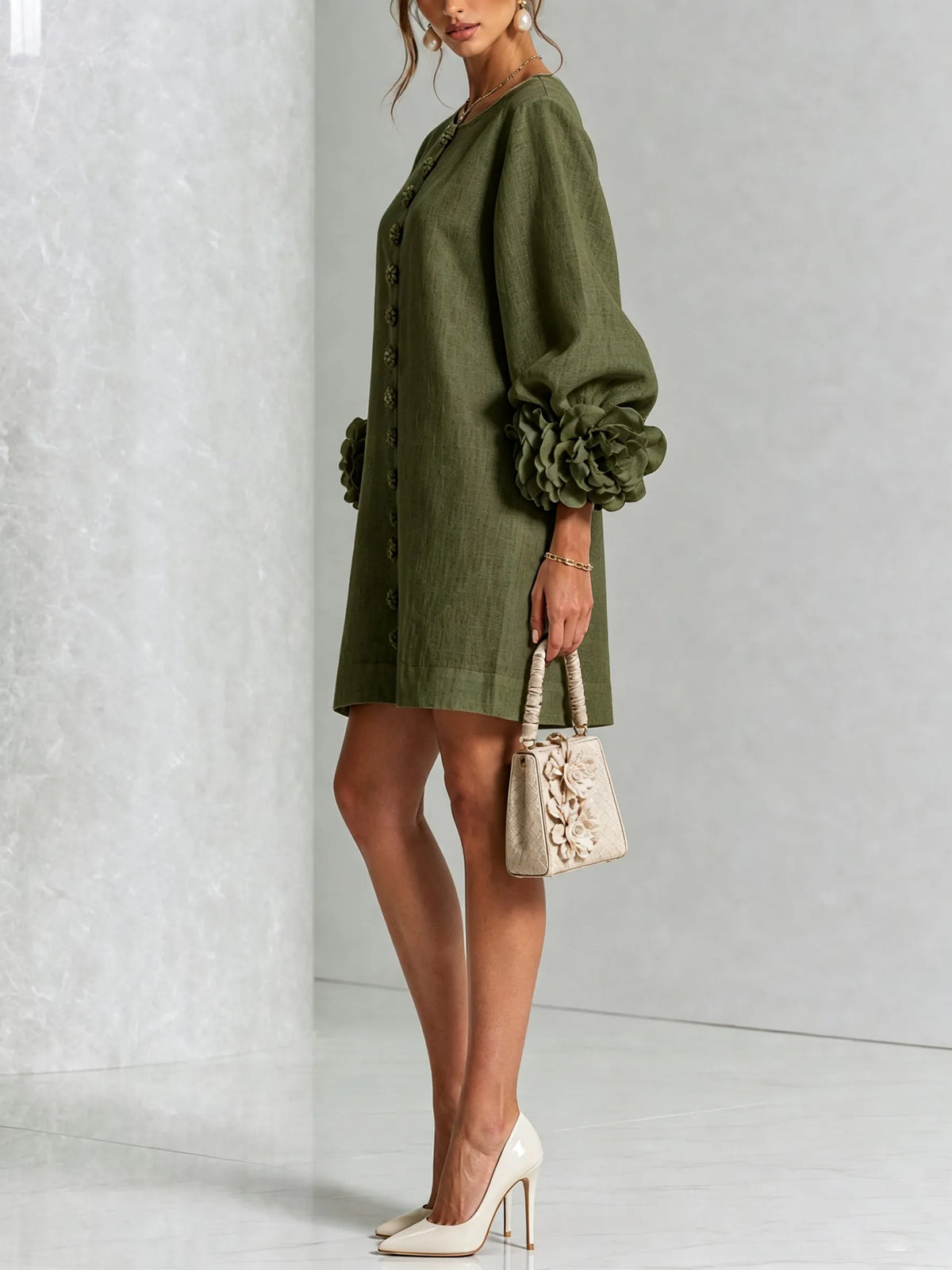 Women's Linen Blend Puff Long Sleeve Mini Tunika Dress