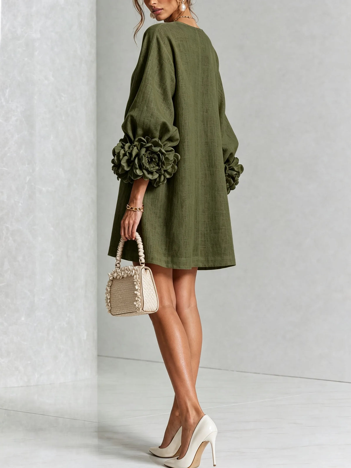 Women's Linen Blend Puff Long Sleeve Mini Tunika Dress