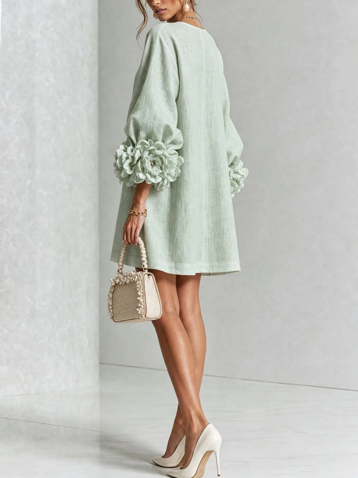 Women's Linen Blend Shirt Dress with Rosette Sleeves