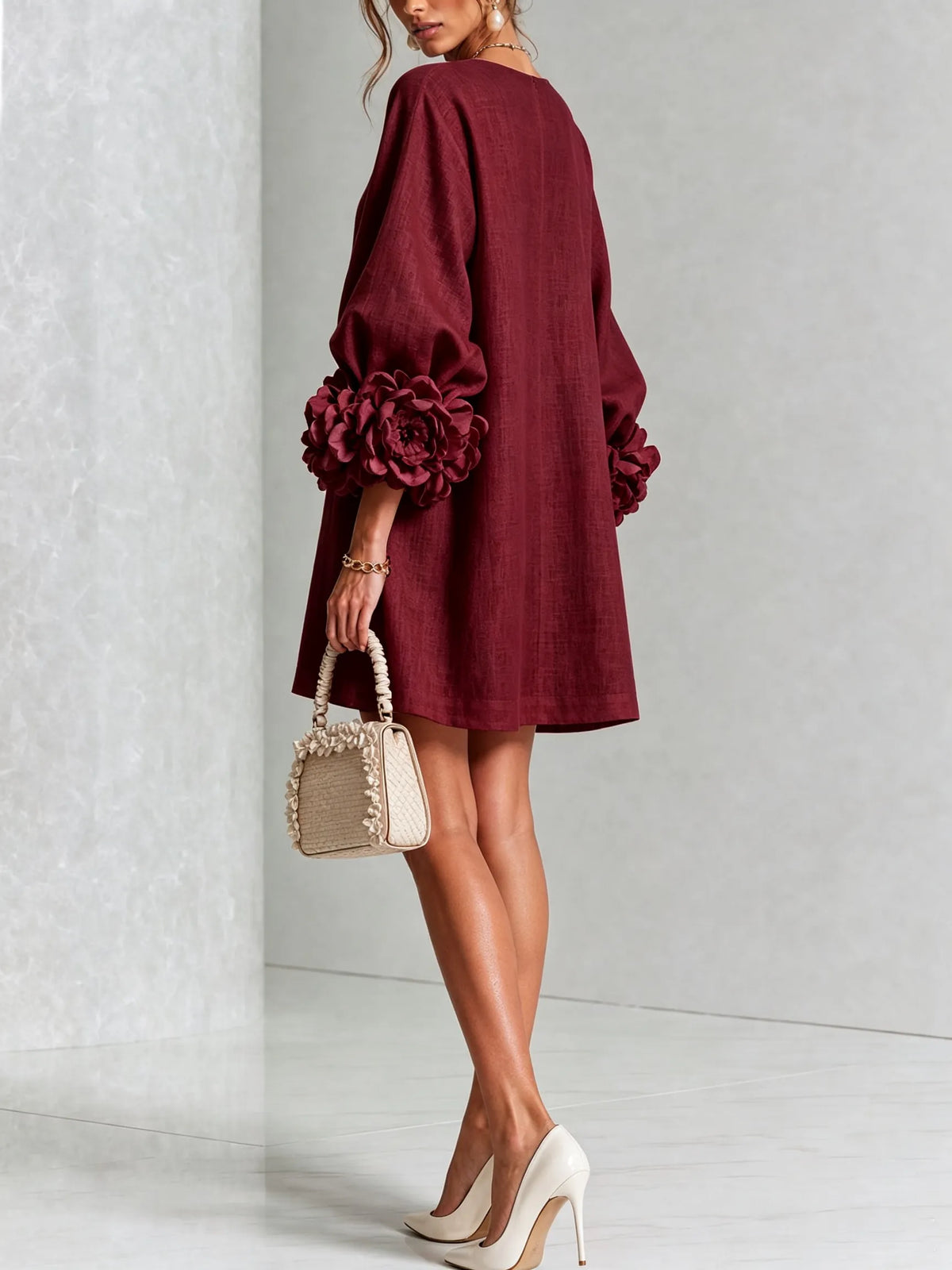 Women's Linen Blend Shirt Dress with Rosette Sleeves