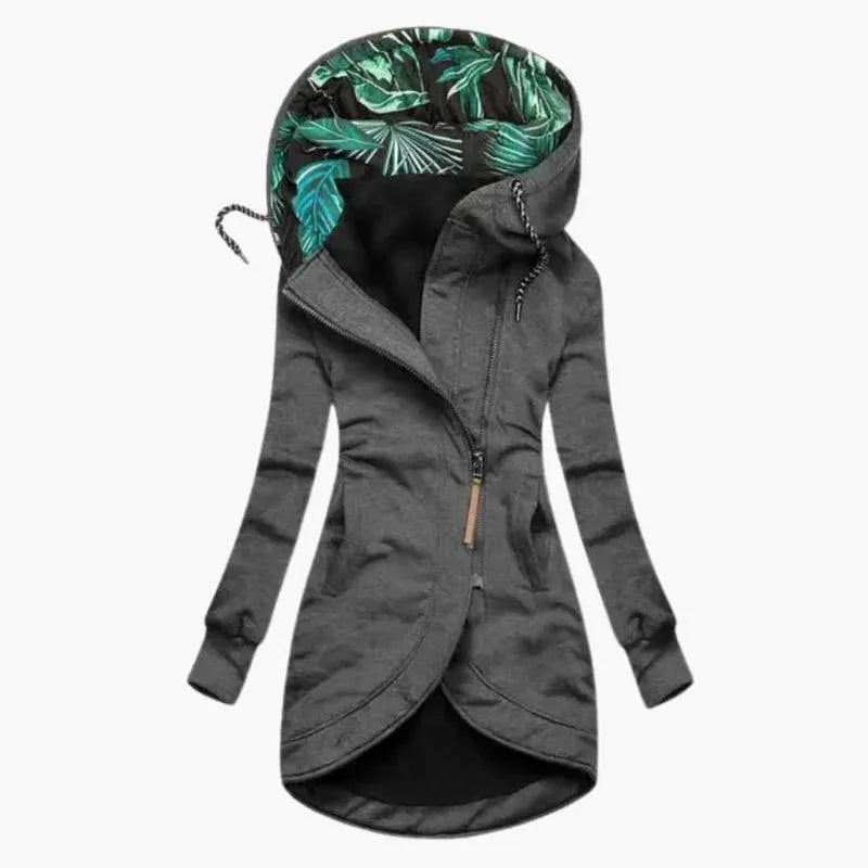 Women's Long Hooded Jacket with Asymmetrical Zipper