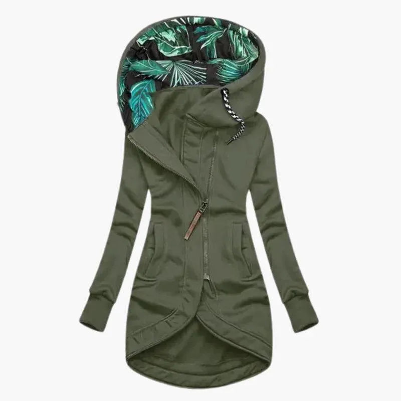 Women's Long Hooded Jacket with Asymmetrical Zipper