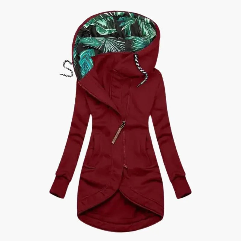 Women's Long Hooded Jacket with Asymmetrical Zipper