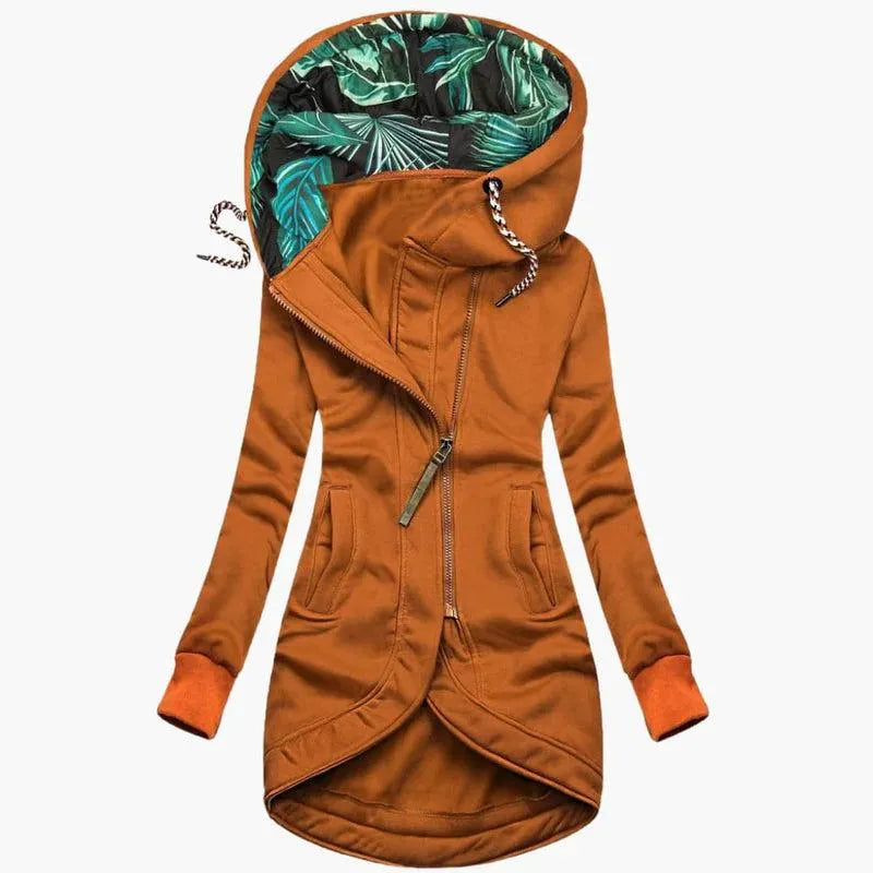 Women's Long Hooded Jacket with Asymmetrical Zipper