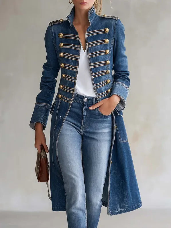 Women's Long Military Style Double-Breasted Coat