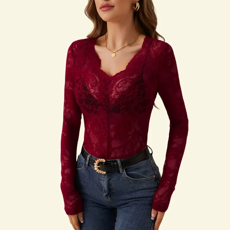 Women's Long-Sleeve Lace Blouse with Scalloped V-Neck