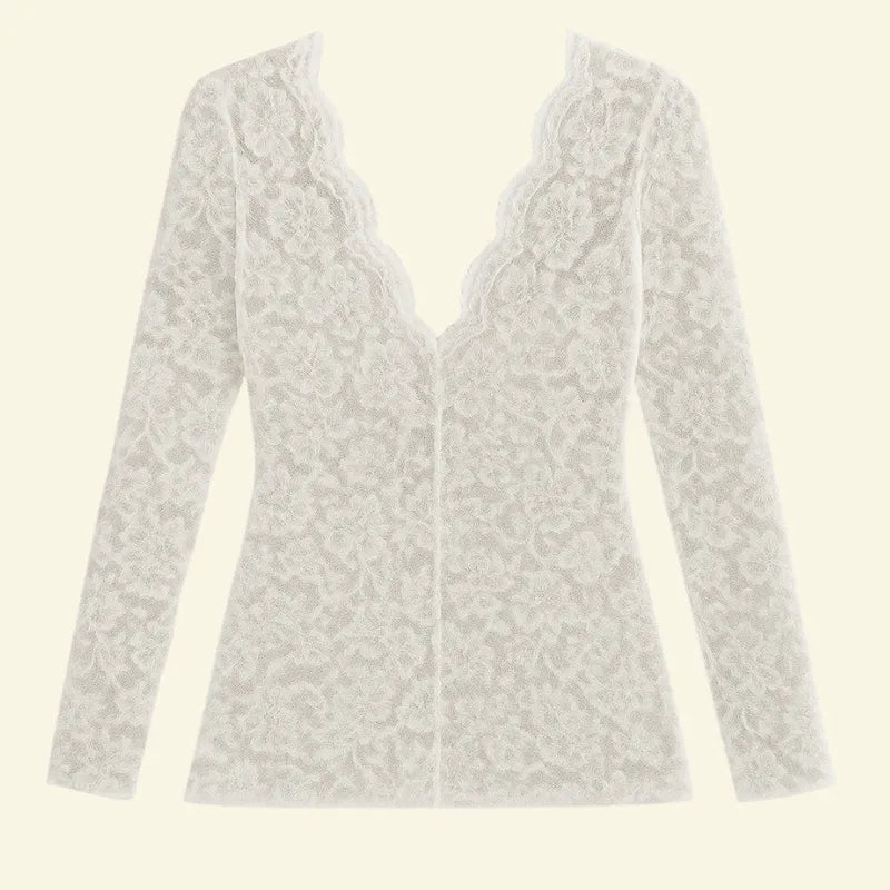 Women's Long-Sleeve Lace Blouse with Scalloped V-Neck