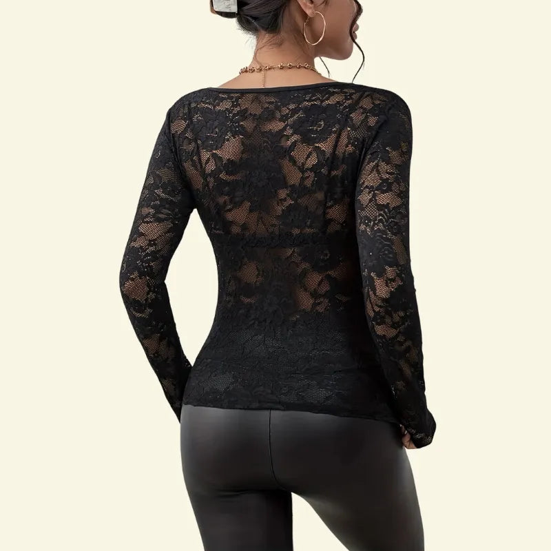 Women's Long-Sleeve Lace Blouse with Scalloped V-Neck