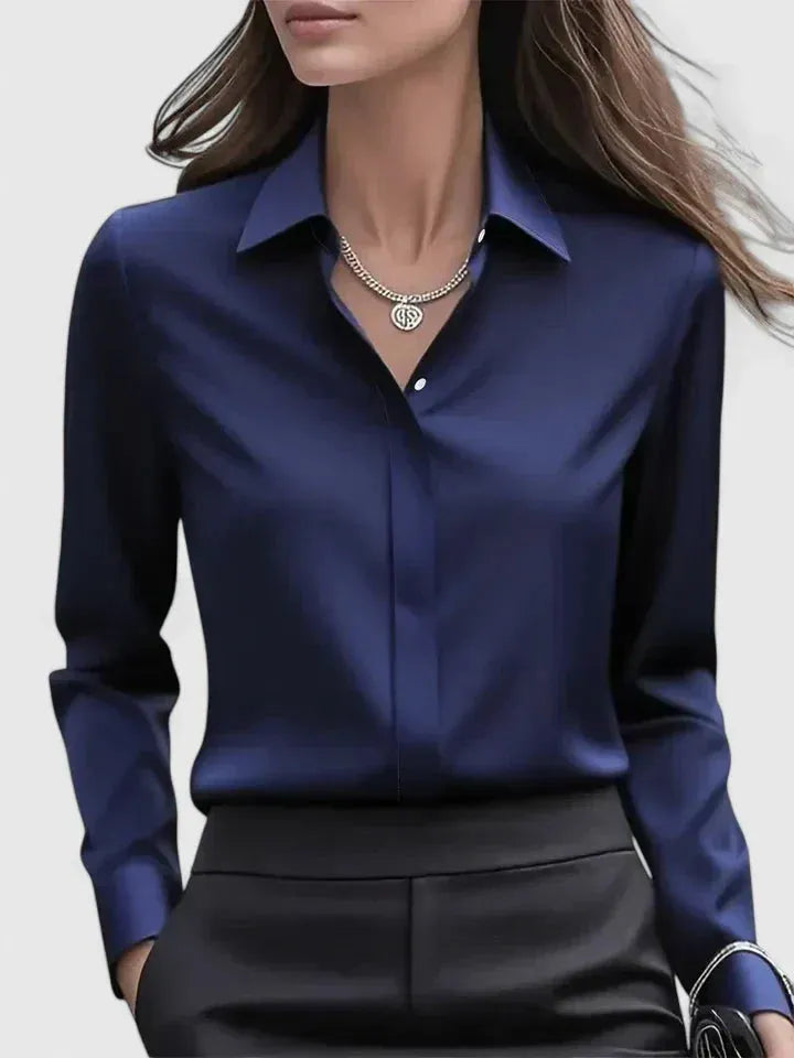 Women's Long-Sleeve Satin Blouse with Structured Collar