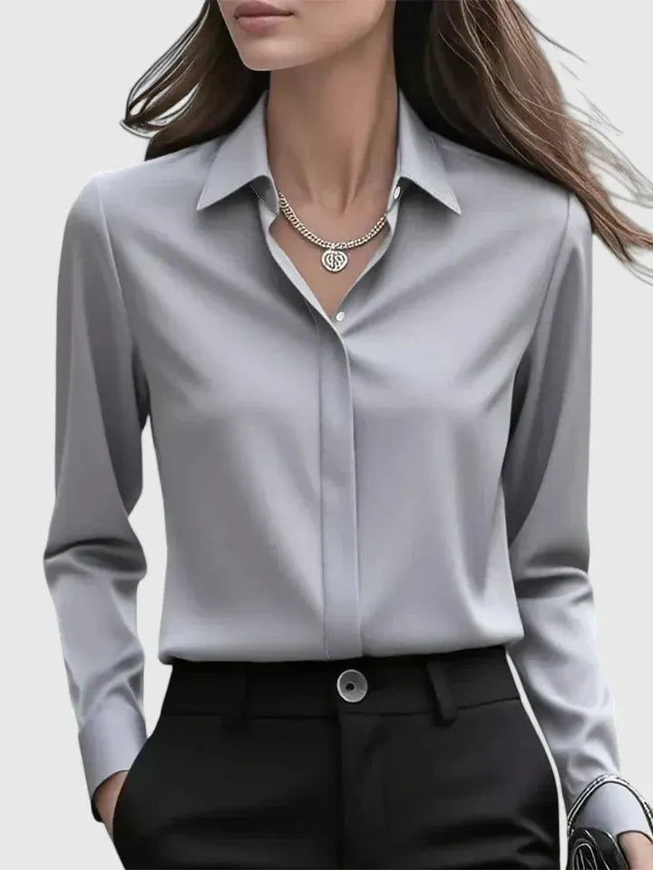 Women's Long-Sleeve Satin Blouse with Structured Collar