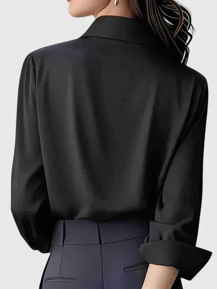 Women's Long-Sleeve Satin Blouse with Structured Collar