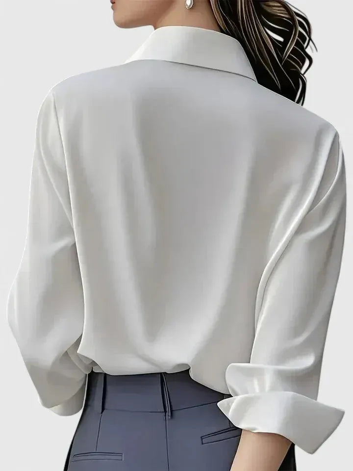 Women's Long-Sleeve Satin Blouse with Structured Collar