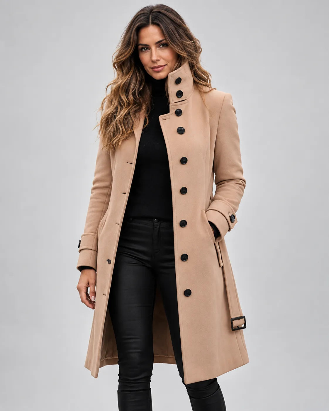 Women's Long Wool-Blend Coat with High Collar