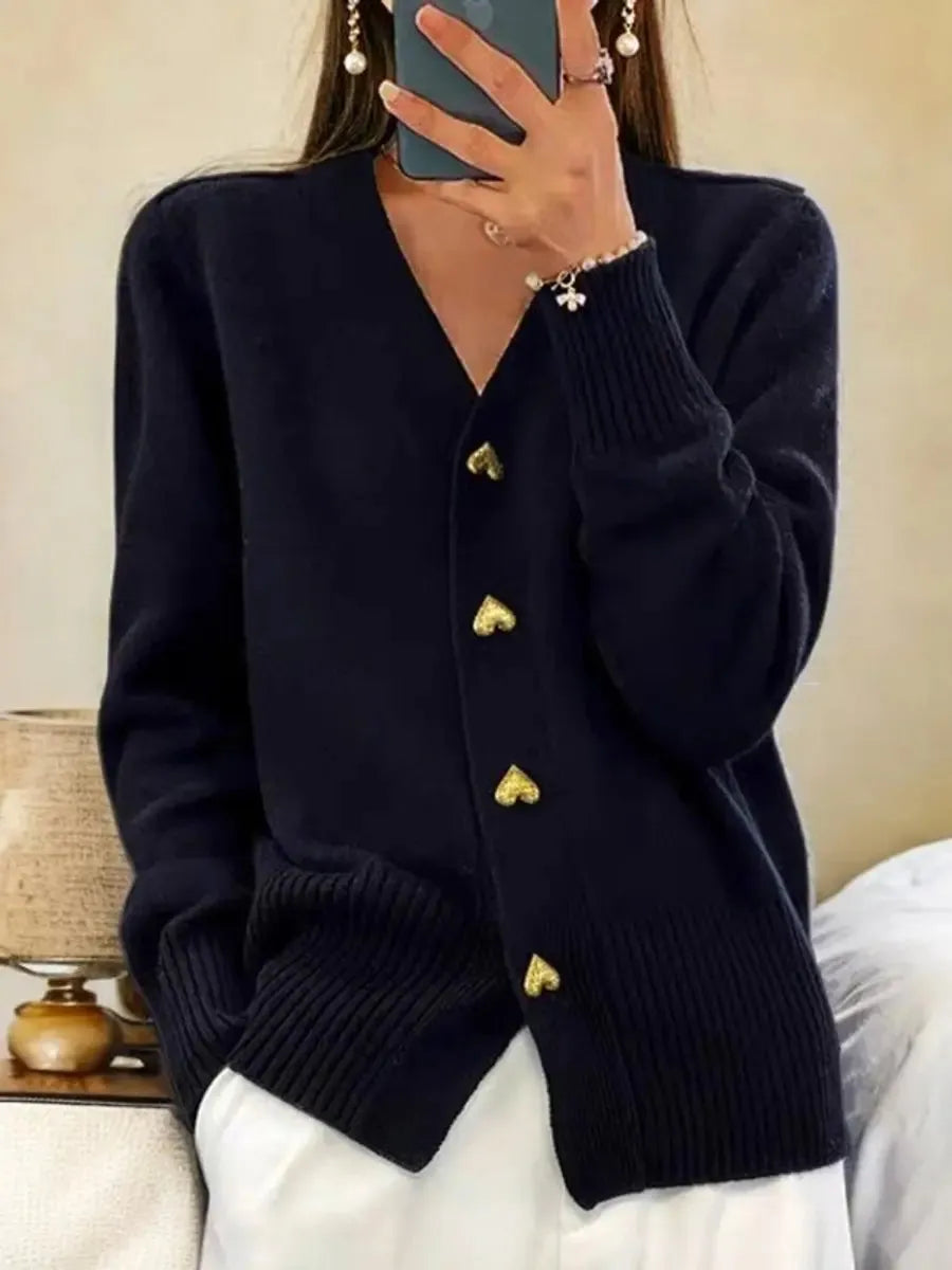 Women's Longline V-Neck Cardigan with Heart Buttons