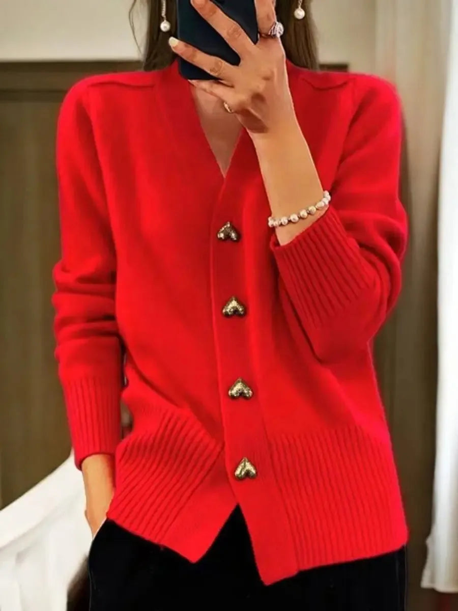 Women's Longline V-Neck Cardigan with Heart Buttons