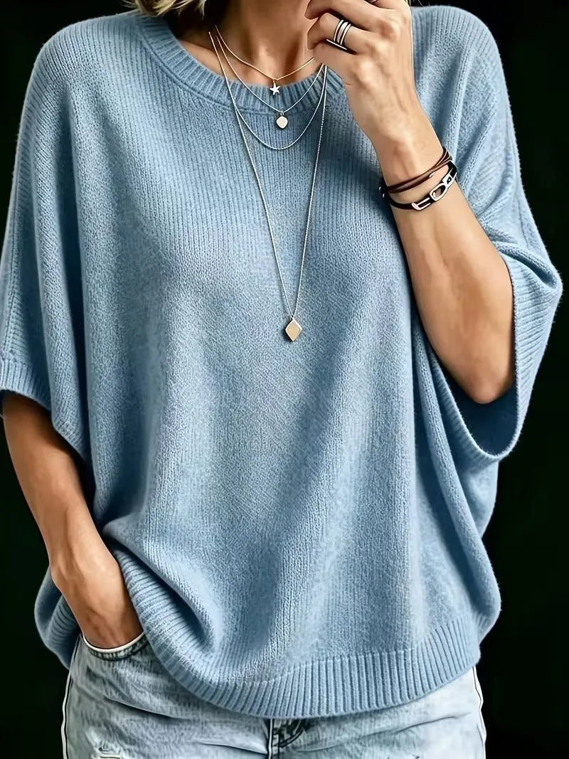 Women's Loose Batwing Short-Sleeve Knit Top with Crewneck