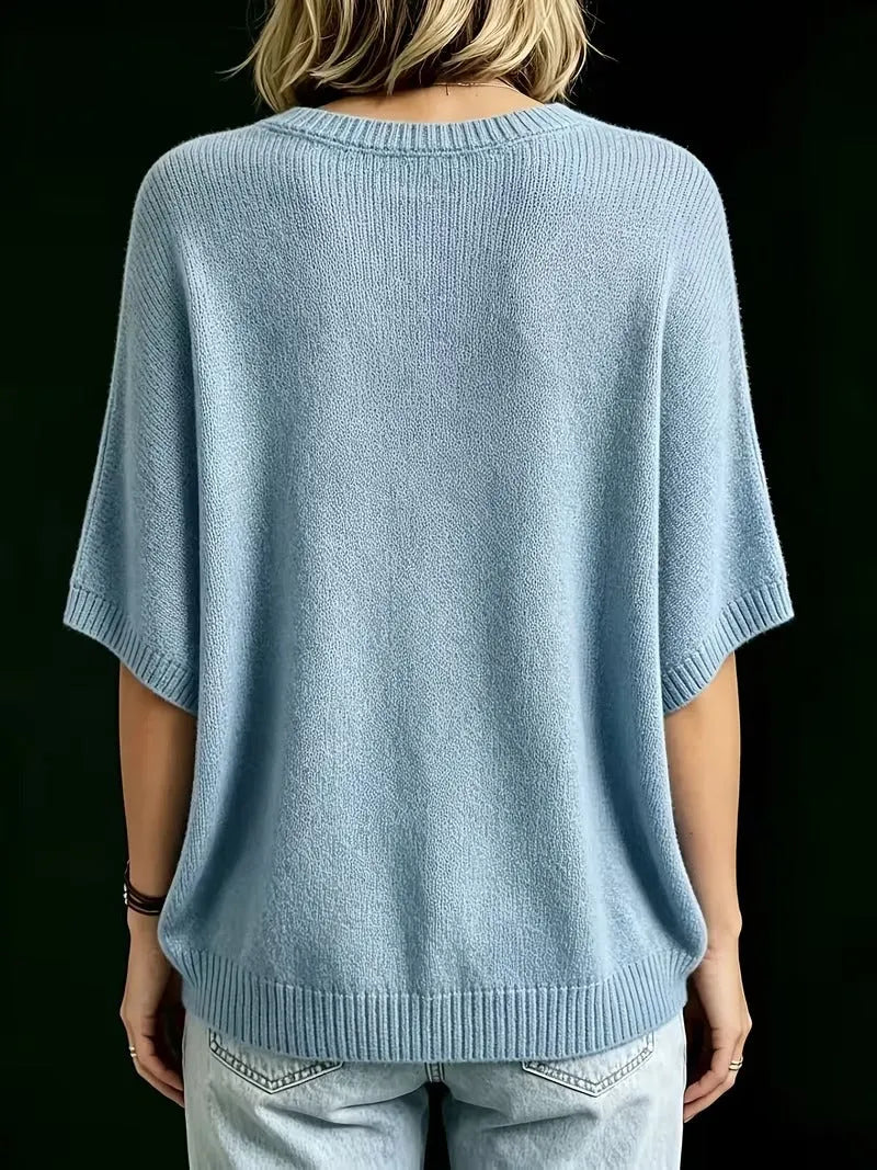 Women's Loose Batwing Short-Sleeve Knit Top with Crewneck