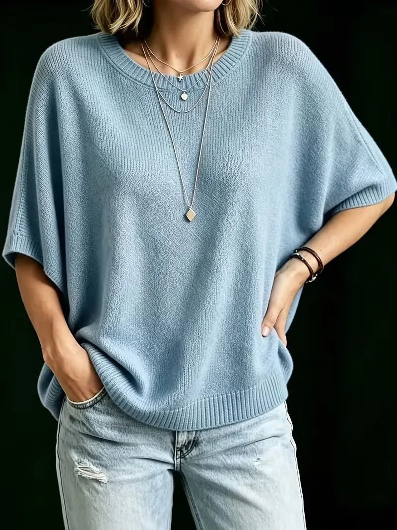 Women's Loose Batwing Short-Sleeve Knit Top with Crewneck