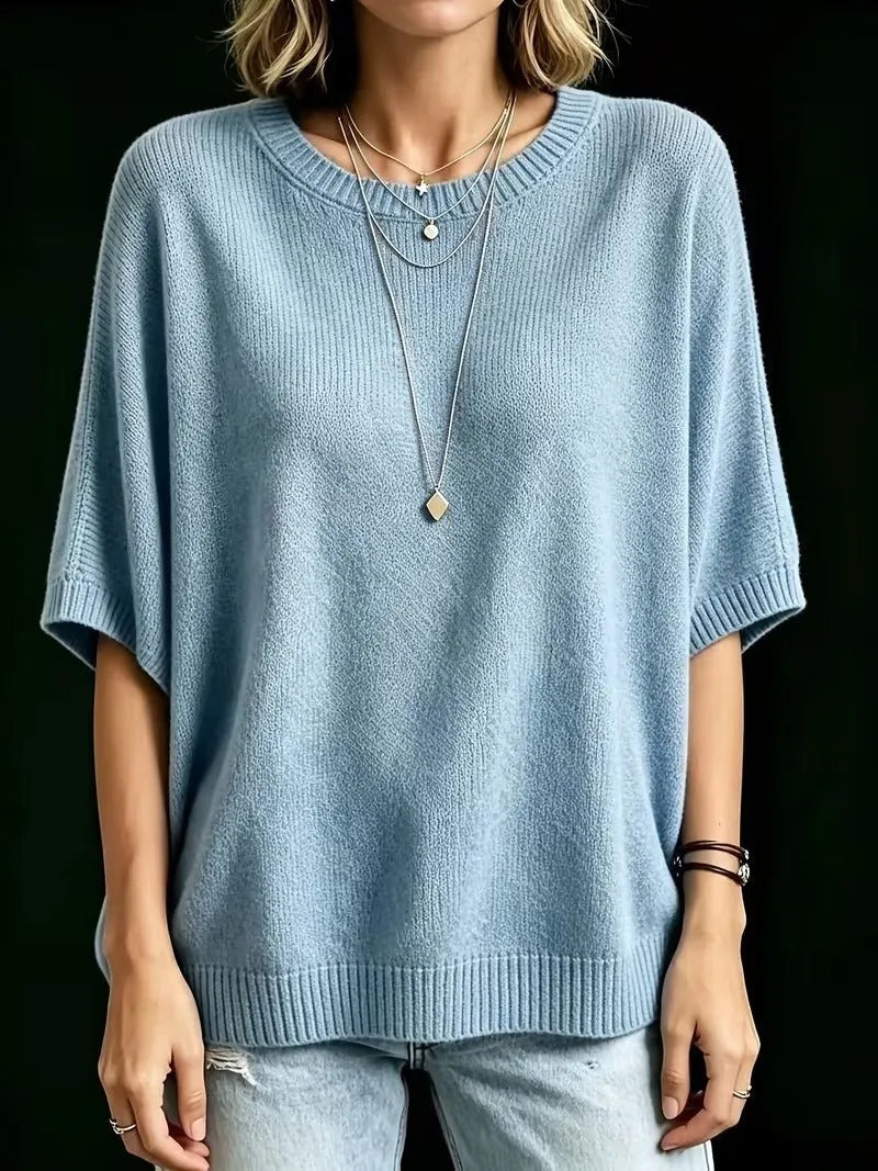Women's Loose Batwing Short-Sleeve Knit Top with Crewneck