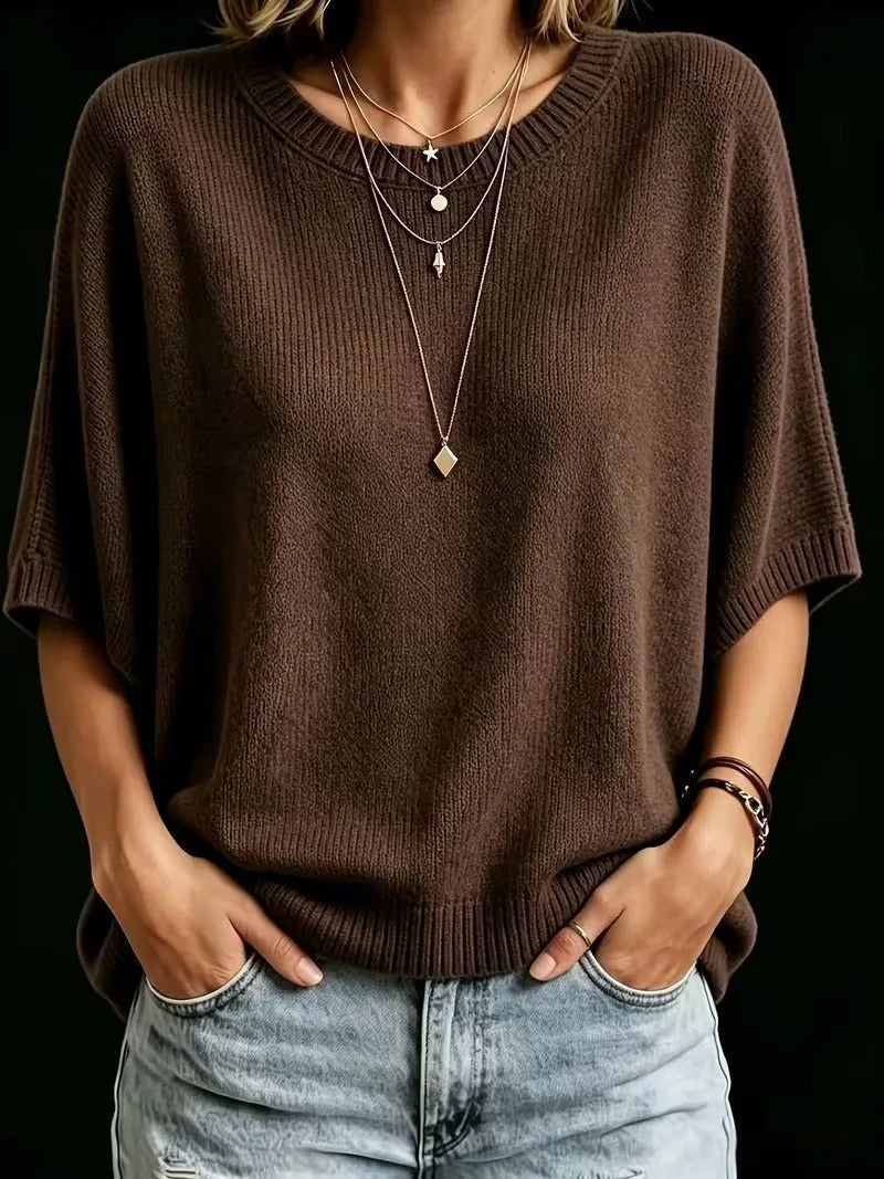 Women's Loose Batwing Short-Sleeve Knit Top with Crewneck