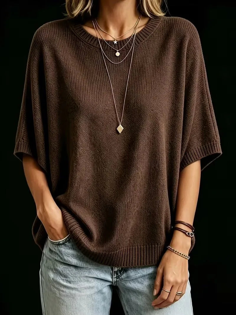 Women's Loose Batwing Short-Sleeve Knit Top with Crewneck