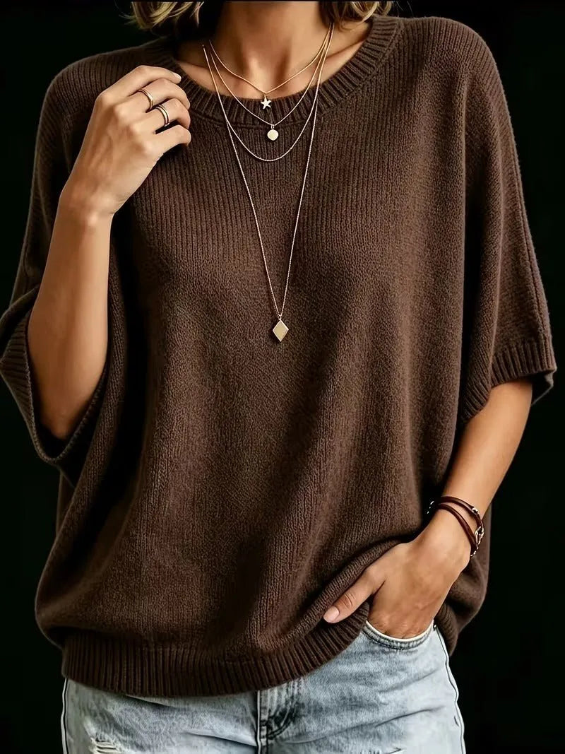Women's Loose Batwing Short-Sleeve Knit Top with Crewneck