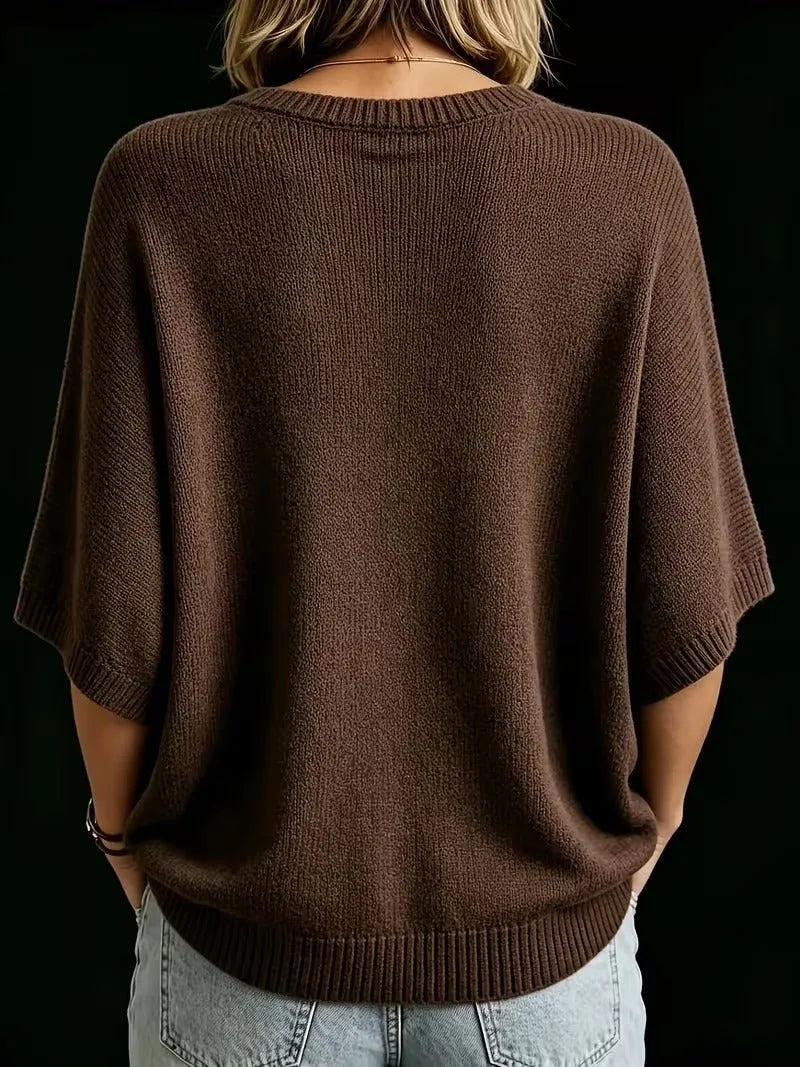 Women's Loose Batwing Short-Sleeve Knit Top with Crewneck