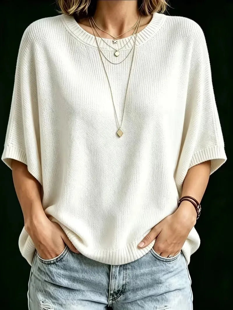 Women's Loose Batwing Short-Sleeve Knit Top with Crewneck