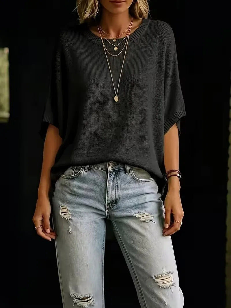 Women's Loose Batwing Short-Sleeve Knit Top with Crewneck