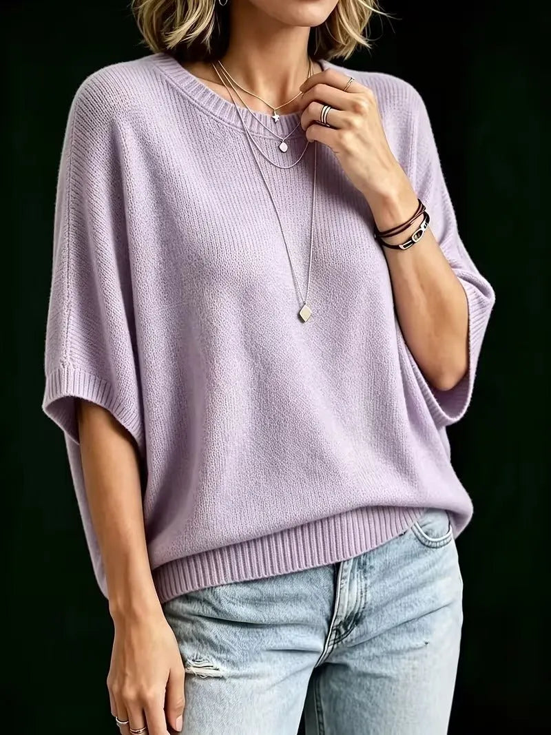 Women's Loose Batwing Short-Sleeve Knit Top with Crewneck