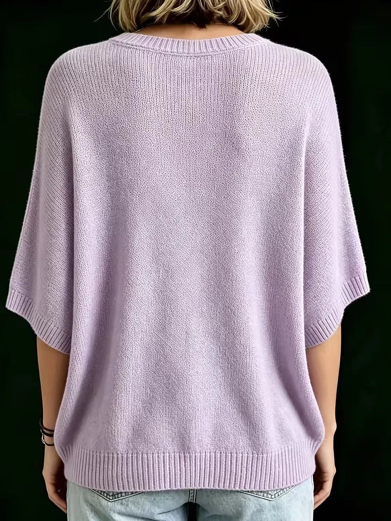 Women's Loose Batwing Short-Sleeve Knit Top with Crewneck
