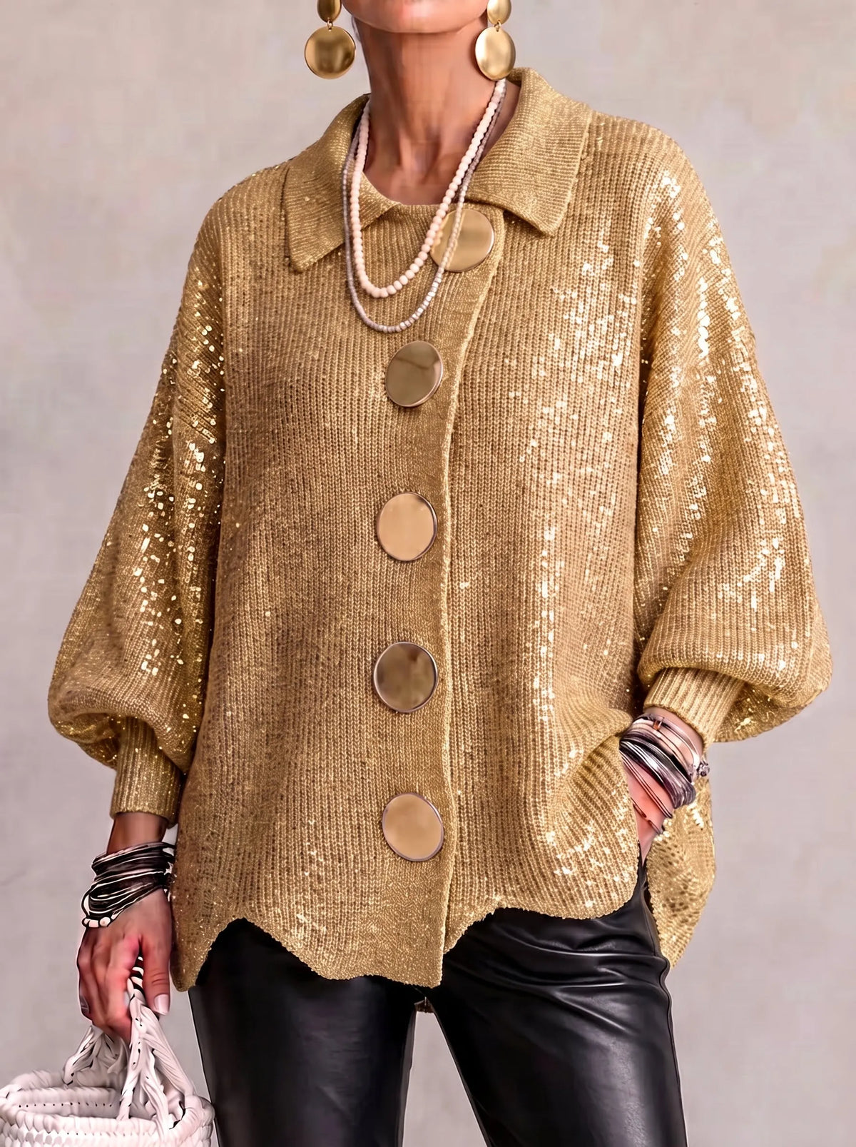 Women's Loose Collared Knit Cardigan with Large Metal Buttons
