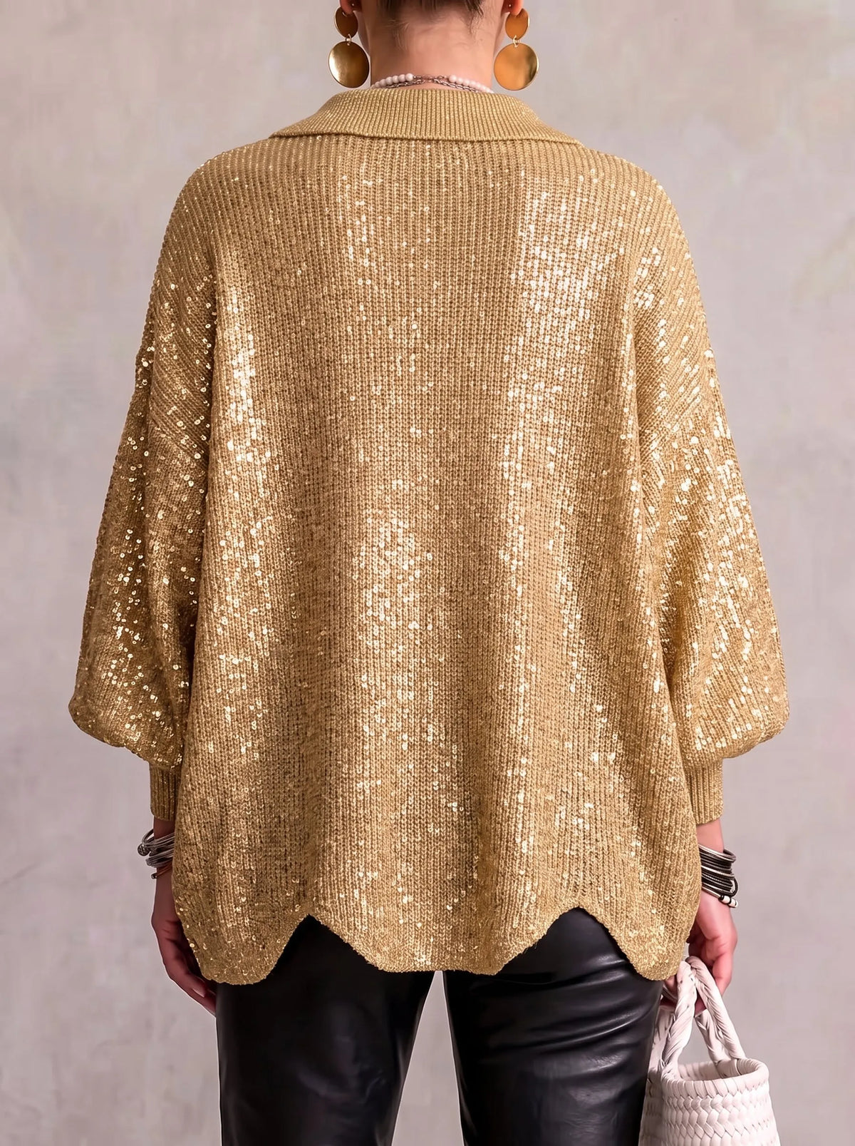 Women's Loose Collared Knit Cardigan with Large Metal Buttons