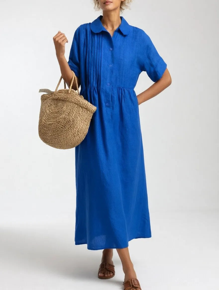 Women's Loose Cotton Maxi Shirt Dress with Short Sleeves