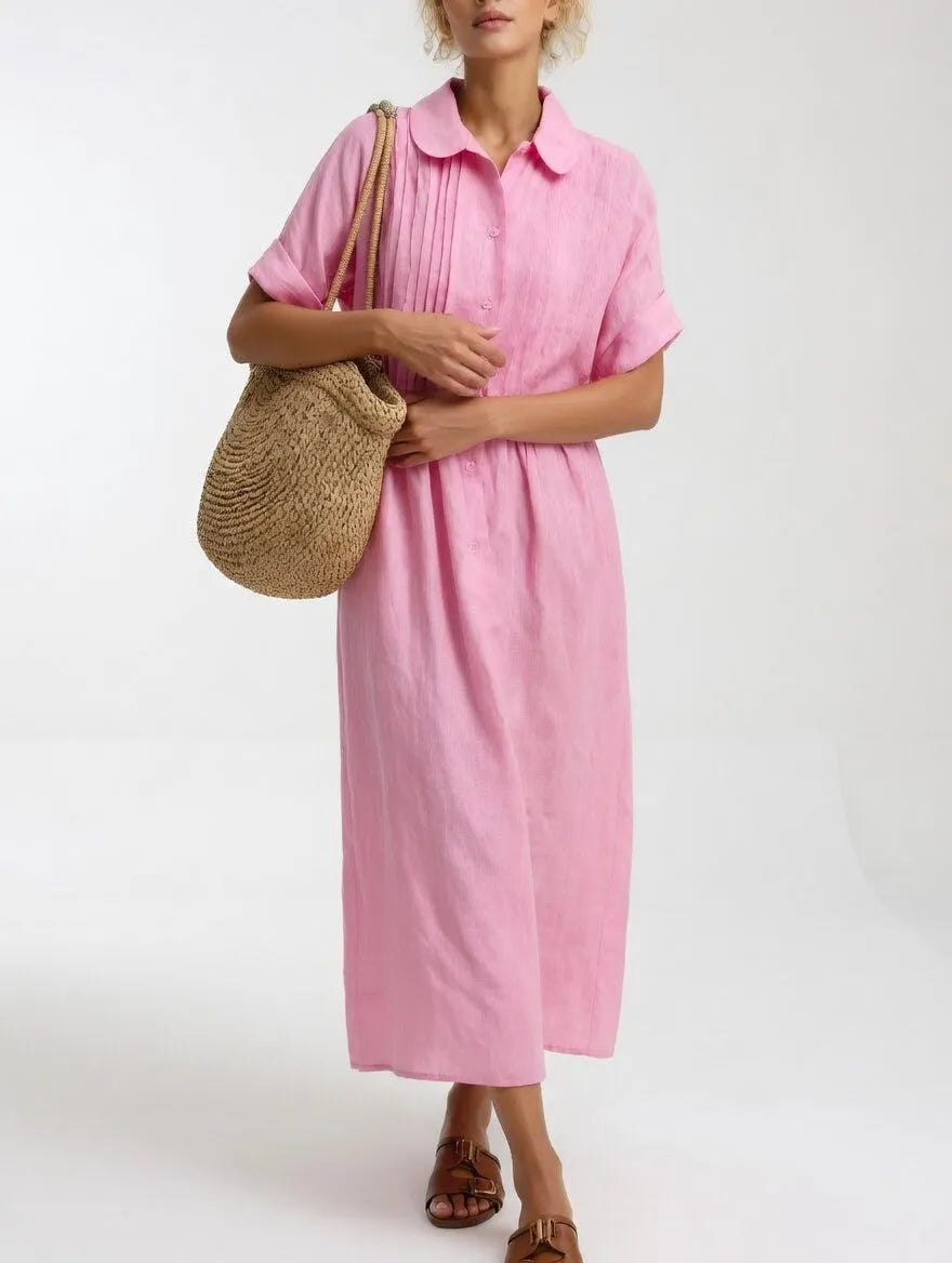 Women's Loose Cotton Maxi Shirt Dress with Short Sleeves