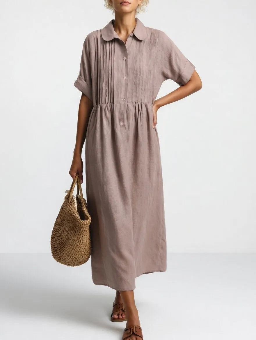Women's Loose Cotton Maxi Shirt Dress with Short Sleeves