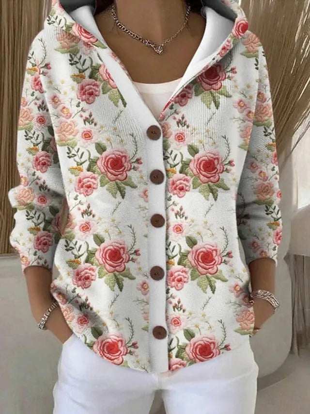 Women's Loose Hooded Knit Cardigan with Wooden Buttons