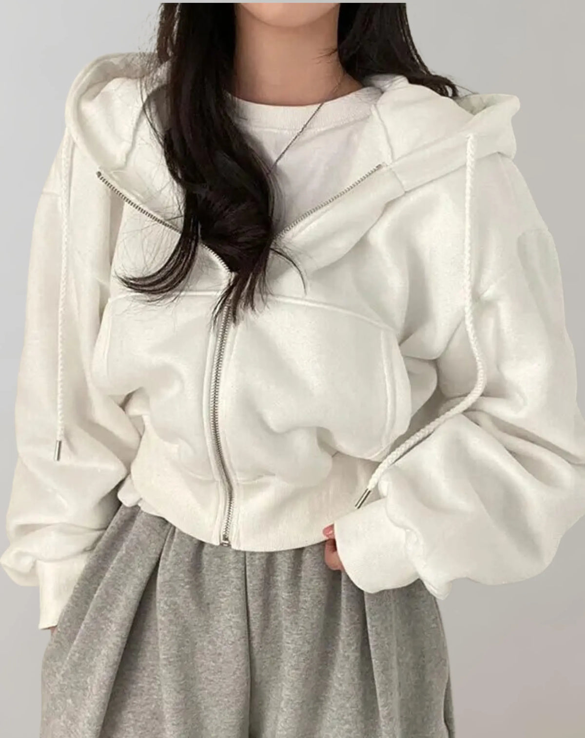 Women's Loose Zip-Up Hoodie with Drawstring Hood