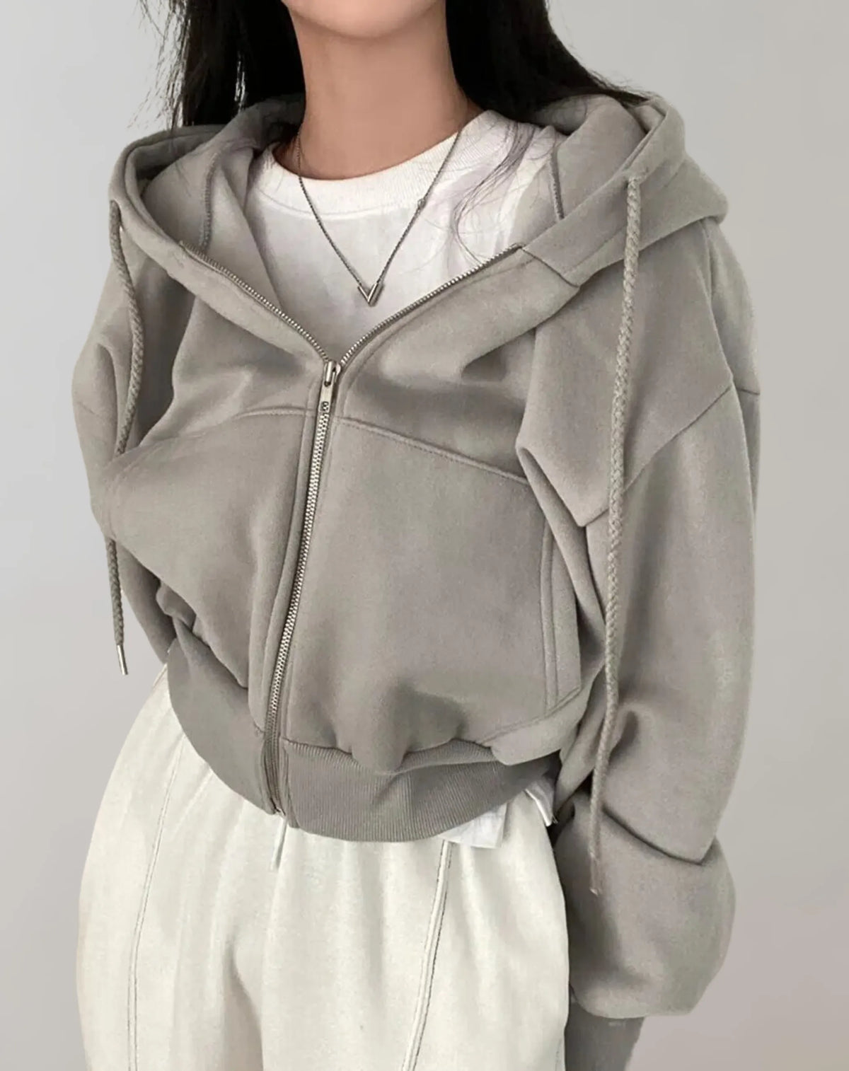 Women's Loose Zip-Up Hoodie with Drawstring Hood