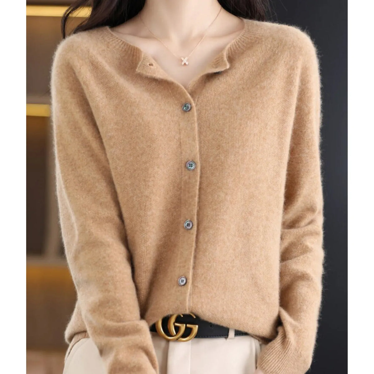 Women's Merino Wool and Cashmere Cardigan with Button Front