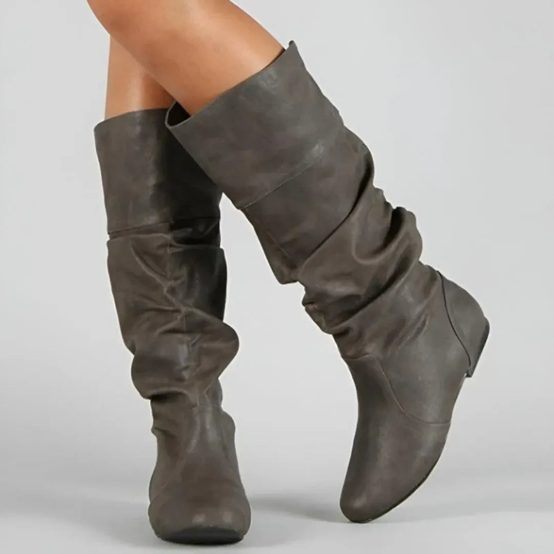 Women's Mid-Calf Pull-On Leather Boots with Flat Sole