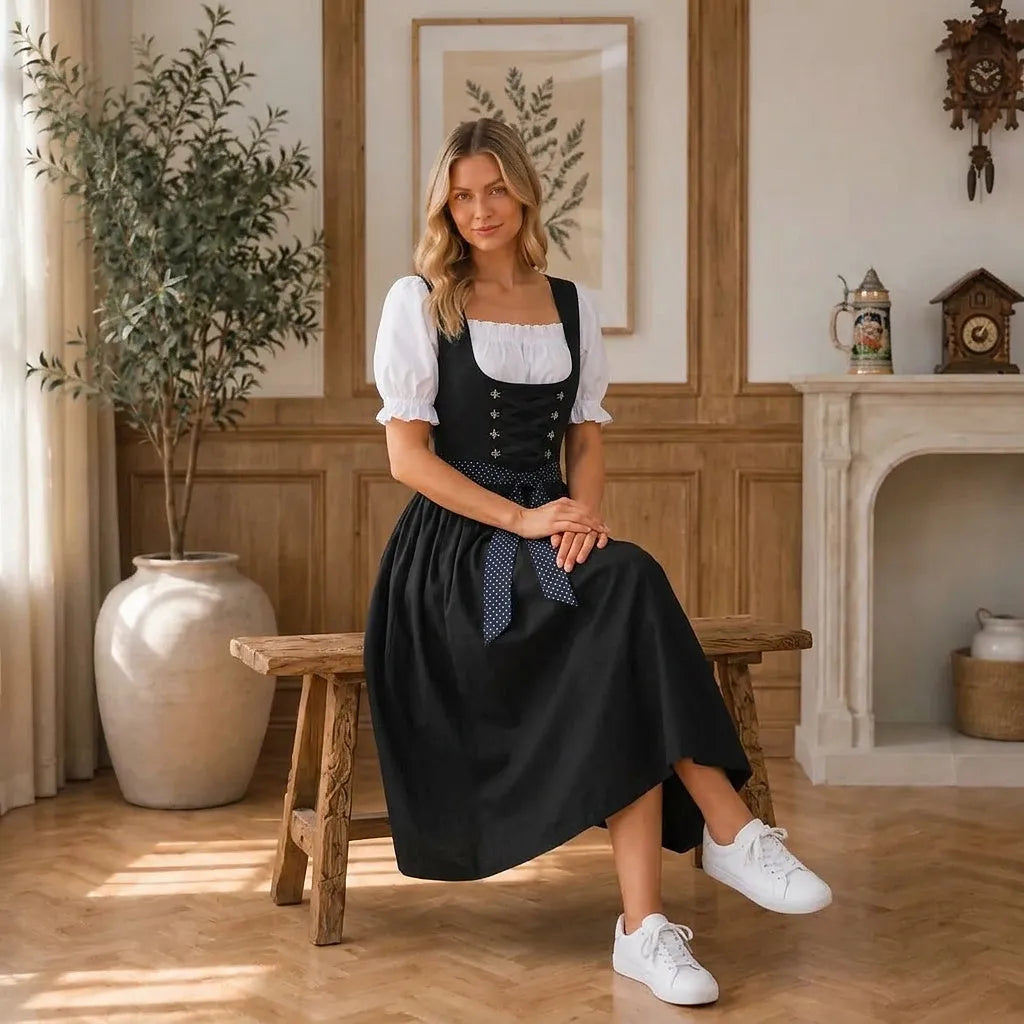 Women's Midi Dirndl Dress with Lace-Up Bodice