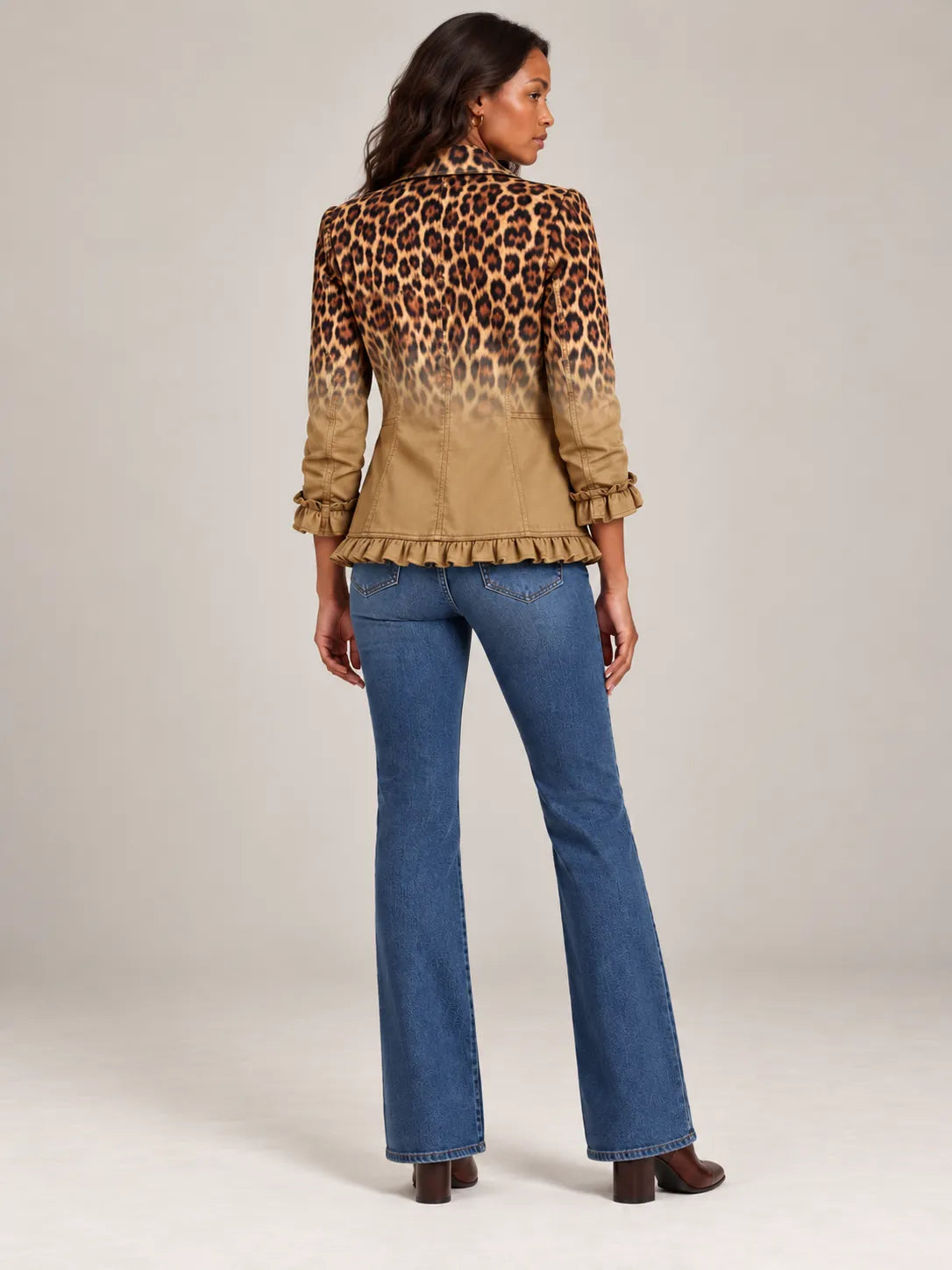 Women's Ombre Leopard Print Ruffled Double-Breasted Blazer