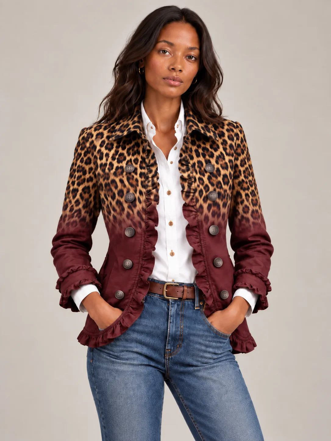 Women's Ombre Leopard Print Ruffled Double-Breasted Blazer