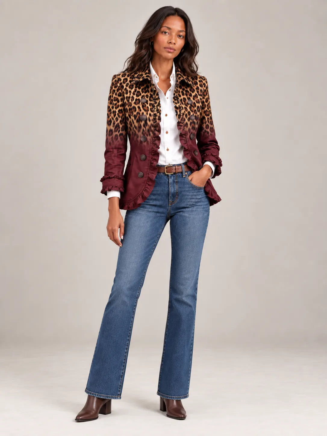 Women's Ombre Leopard Print Ruffled Double-Breasted Blazer