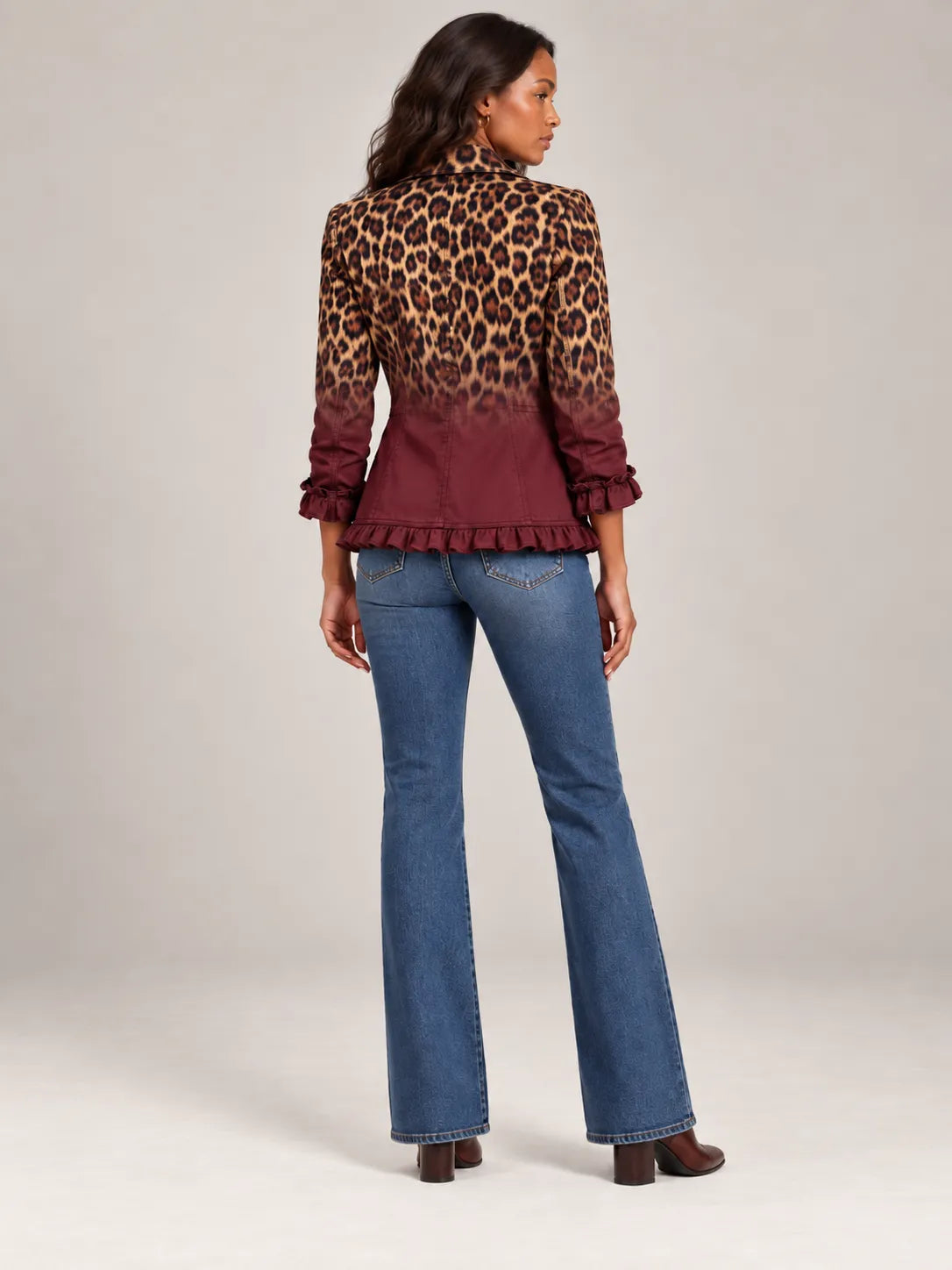 Women's Ombre Leopard Print Ruffled Double-Breasted Blazer